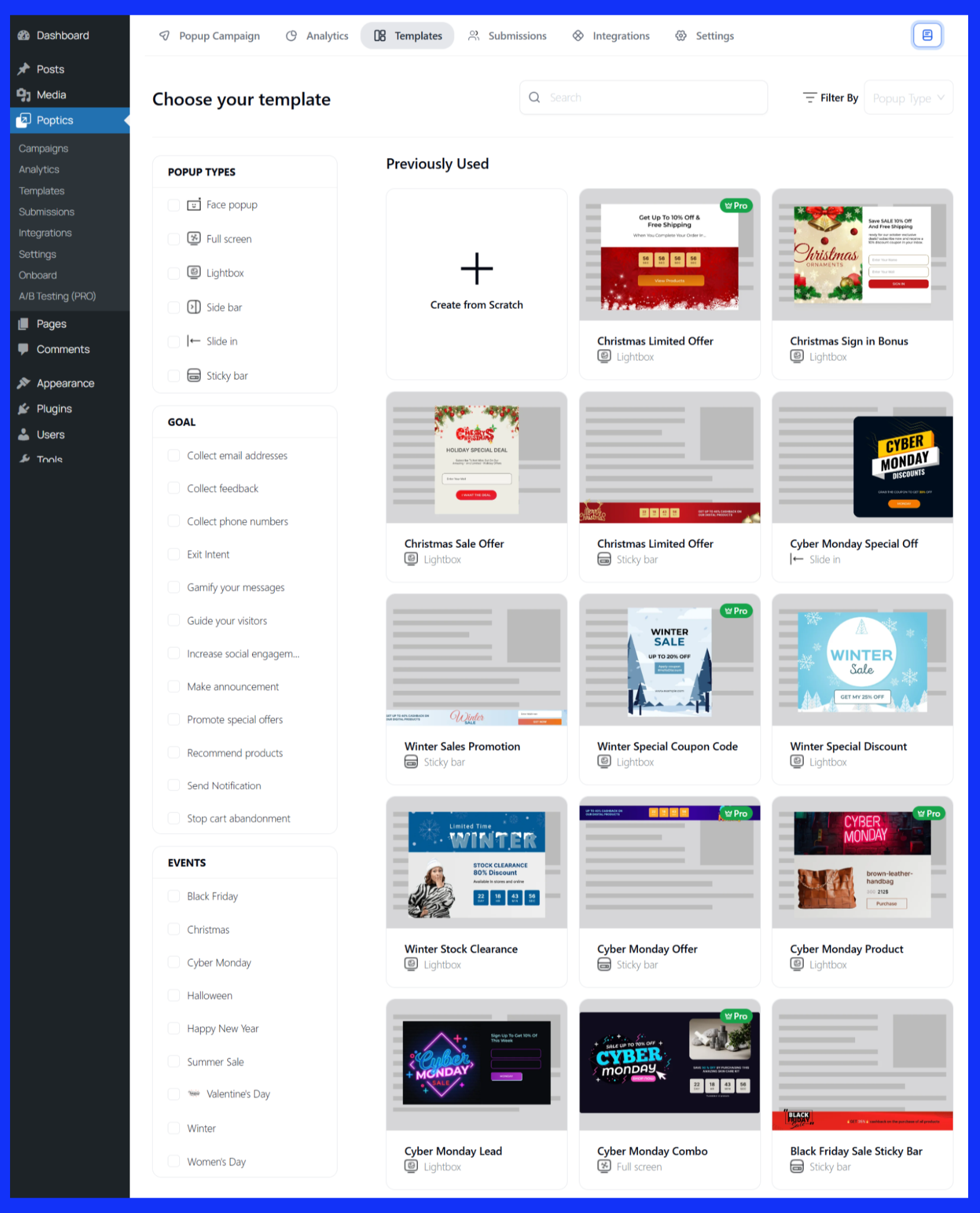 Poptics template selection section