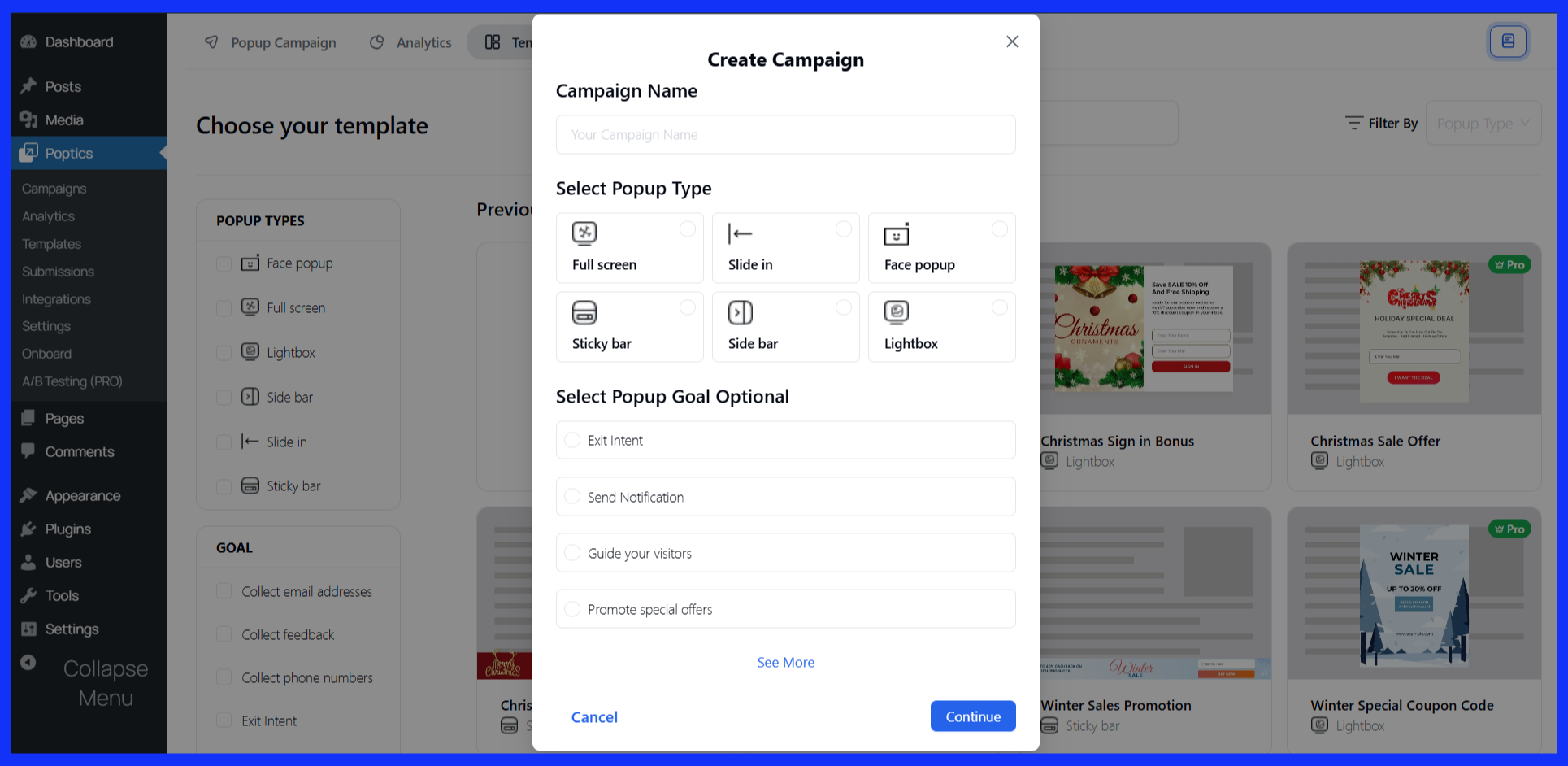 Input the Campaign Name and Select Popup Goal